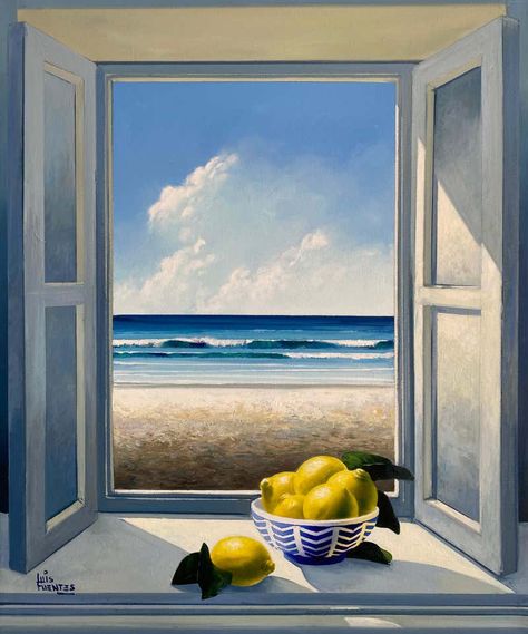 Luis Fuentes - Lemons and the sea - Original seascape - Oil painting For Sale at 1stDibs Window Painting Ideas, Famous Landscape Paintings, Desert Landscape Painting, Sunset Landscape Painting, Fall Landscape Painting, Ocean Landscape Painting, Landscape Painting Watercolor, Colorful Landscape Paintings, Modern Landscape Painting