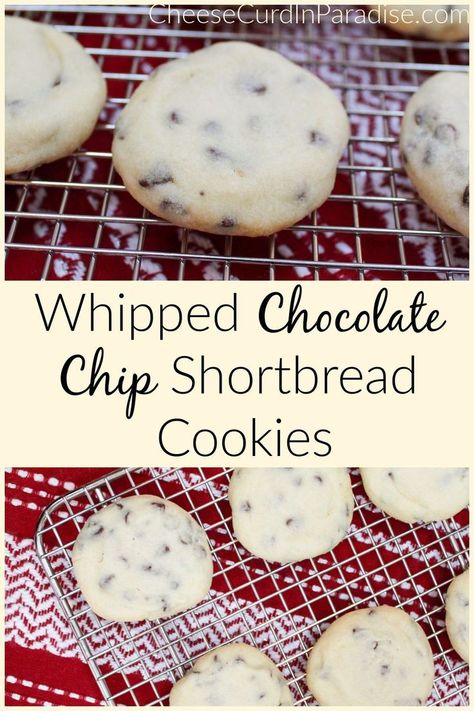 Whipped Chocolate Chip Shortbread Cookies melt in your mouth. A traditional shortbread made using whipped butter and chocolate chips. Ready in 30-minutes, and so easy to make for holiday baking or any time of year! #ChristmasCookies #Shortbread #ChocolateChips #Cookies #Baking Shortbread Chocolate Chip Cookies, Chocolate Chip Shortbread, Chip Recipes, Chocolate Chip Shortbread Cookies, Shortbread Cookies Easy, Cookie Exchange Recipes, Whipped Shortbread Cookies, Baked Breads, Friends Recipes