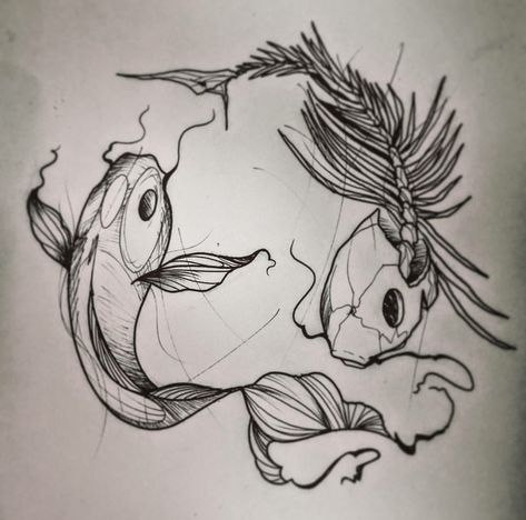 Blackwork Koi Tattoo, Gothic Koi Fish Tattoo, Trippy Fish Tattoo, Fish Skull Drawing, Double Fish Tattoo, Line Work Koi Fish Tattoo, Skeleton Koi Fish Tattoo, Koi Fish Sternum Tattoo, Koi Skeleton