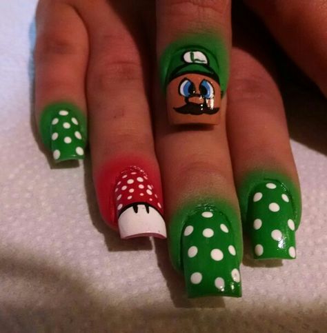 Luigi nails Mario And Luigi Nails, Luigi Nails, Mario And Luigi, Nail Ideas, Acrylic Nails, Mario, Nail Art, Nails, Quick Saves