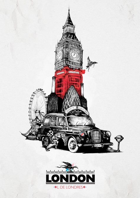 London Poster by Nacho Gallego London Artwork, London Drawing, London Illustration, London Theme, London Wallpaper, London Poster, London Tattoo, London Calling, Collage Design