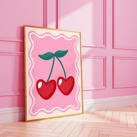 Cute heart cherry wall print, available in A3 A4 8X10 A5 5X7 Designed in kings lynn, Norfolk UK 📍 Other colours available! Just message me :) (Frame not included) Simple Cute Wall Art, Drawing For Walls Bedroom, Pink Canvas Painting Ideas, Cute Designs To Paint, Girly Paintings On Canvas Easy, 8x10 Canvas Painting Ideas, Heart Canvas Painting, Girly Paintings, Pink Art Painting