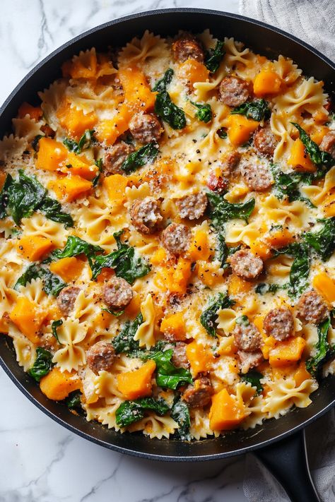 Creamy Roasted Butternut Squash Pasta with Sausage and Spinach Butternut Squash Sausage Recipes, Butternut Squash Pasta With Sausage, Butternut Squash Sausage Pasta, Pasta With Sausage And Spinach, Roasted Butternut Squash Pasta, Spinach Pasta Sauce, Creamy Orzo Pasta, Butternut Squash And Spinach, Butternut Squash Sausage