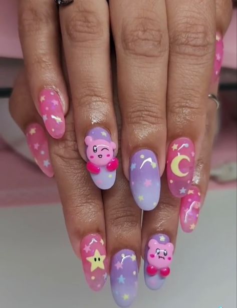 Kawaii Nail Art Acrylic, Kirby Nail Design, Anime Almond Nails, Gamer Nails Design, Jigglypuff Nails, Kawaii Almond Nails, Ditto Nails, Pokemon Nails Designs, Gengar Nails