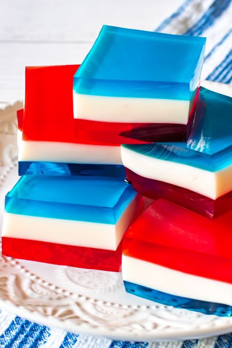 RED, WHITE & BLUE LAYERED JELLO – The Joy-Filled Kitchen Jello Squares, Patriotic Jello, Finger Jello, Vintage Molds, Layered Jello, Blue Fingers, Blue Jello, Kitchen Favorites, Jello Desserts