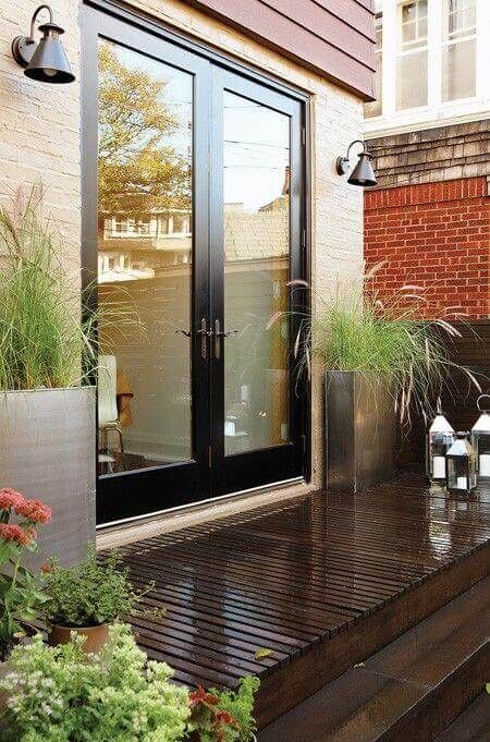 Take a close look at these beautiful pictures, you will find yourself analyzing which of these small backyard deck designs would suit you best. For more ideas like this go to backyardmastery.com Backyard Door, Black French Doors, French Doors Exterior, French Doors Patio, Patio Style, Backyard Makeover, Outdoor Deck, French Door, Small Patio