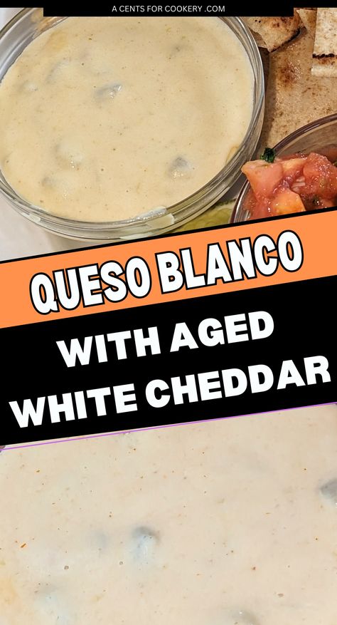 If you want a smooth cheese dip made from real white cheddar cheese, this Queso Blanco dip is ideal. It's straightforward to make this cheesy dip with canned jalapeno peppers. Rich and velvety, the real cheese adds the perfect bite to the white queso dip recipe. Make a batch of this for your next movie night, and enjoy dipping your favorite corn chips. White Cheddar Queso Dip, Easy White Cheese Queso Dip, White Cheddar Queso, Authentic White Queso Dip, Cheese Dip Recipes Velveeta Queso Blanco, White Cheddar Cheese Dip, Queso White American Cheese, Velveeta Dip, Heathly Snacks