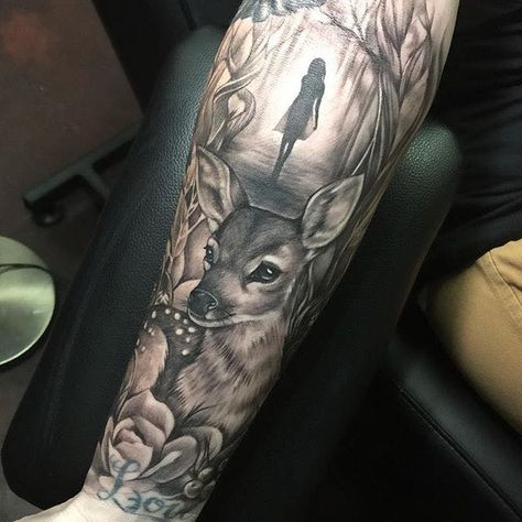 Hirsch Tattoo Frau, Fawn Tattoo, Doe Tattoo, Wildlife Tattoo, Animal Sleeve Tattoo, Nature Tattoo Sleeve, Wolf Tattoo Sleeve, Studio Tattoo, Deer Doe