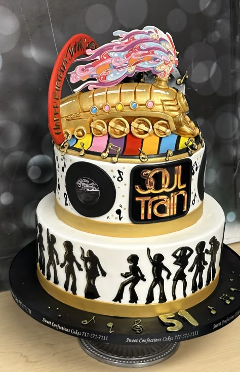 Soul Train Cake Ideas, Soul Train Birthday Party Ideas, Motown Themed Party Ideas, Soul Train Cake, Soul Train Scramble Board Diy, 70s Themed Cake, 70s Cake Ideas, 70s Birthday Cake, Motown Theme Party