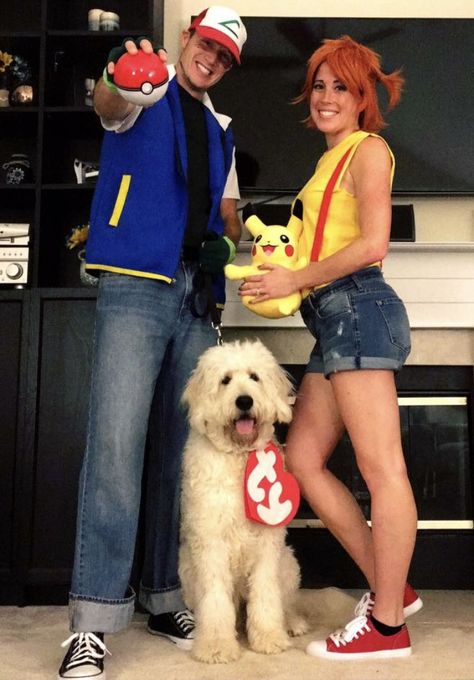 Ash Ketchum and Misty Costume. Beanie baby dog costume #pokemon #couplescostume #gottacatchemall #tybeaniebaby #halloween Couple Costumes Pokemon, Couple Halloween Costumes Pokemon, Misty Halloween Costume Pokemon, Couple Pokemon Costumes, Pokemon Halloween Costume Couple, Pokemon Trainer Halloween Costume, Misty Costume Pokemon, Pokemon Dog Costume, Pokémon Couple Costume