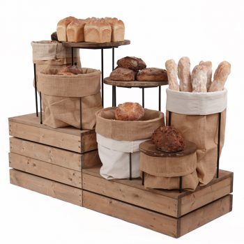 Sack-stand-on-Plinths-Bakery-display Bread Display Bakery, Bread Display, Wooden Shelving, Pastry Display, Bakery Shop Design, Bakery Interior, Bakery Design Interior, Grocery Store Design, Bread Shop