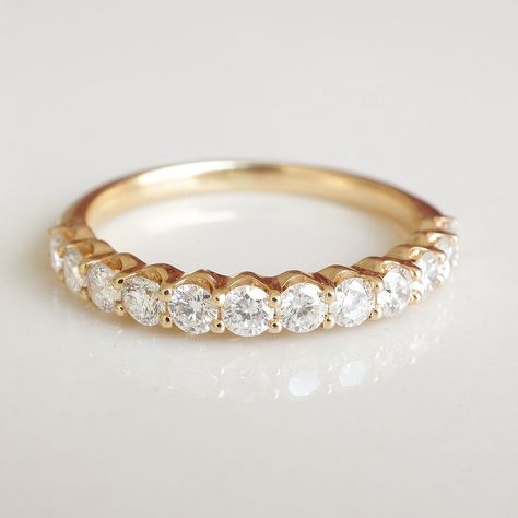 The shared prongs on this band beautifully showcases the diamonds and pairs well with any style engagement ring. Custom made to order. Please allow 6-8 weeks for delivery. *The Double Shared Prong Diamond Band can now also be made with Lab Grown Diamonds! It is available for purchase in our Lab Grown section. Double Shared Prong Wedding Band, Gold Bubble Wedding Band, Square Diamond Wedding Band, Half Diamond Wedding Band, Double Wedding Band, Gold Half Eternity Band, Oval Wedding Band, Double Wedding Bands, Shared Prong Wedding Band