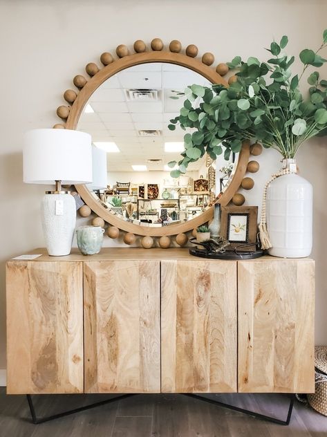 Natural Wood Mirror, Modern Media Storage, Mirror Entryway, Black Round Mirror, Nightstand Styling, Console Styling, Jesse Lee, Headboard Decor, St George Utah