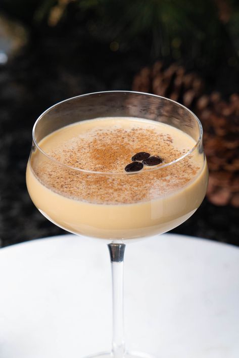 Eggnog Espresso Martini Cold Brew Martini, Eggnog Martini, Peppermint Cocktail, Espresso Martini Ingredients, Peppermint Vodka, Peppermint Schnapps, Strong Cocktails, Martini Recipe, Sleigh Bells