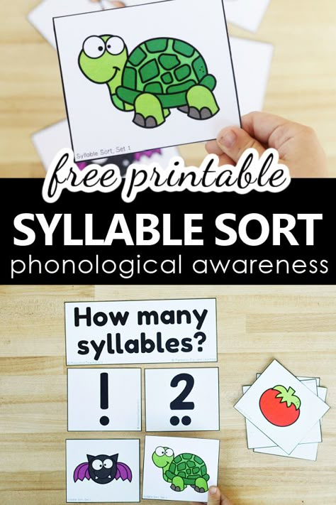 Free Printable Syllable Sort Phonological Awareness Literacy Center for PreK and K-Counting Syllables Phonological Awareness Centers, Syllable Sort Freebie, Free Syllable Activities Preschool, Counting Syllables Kindergarten, Phonics Games Kindergarten Free Printable, Preschool Syllables Activities, Segmenting Syllables Activities, Teaching Syllables Preschool, Thanksgiving Syllables Free