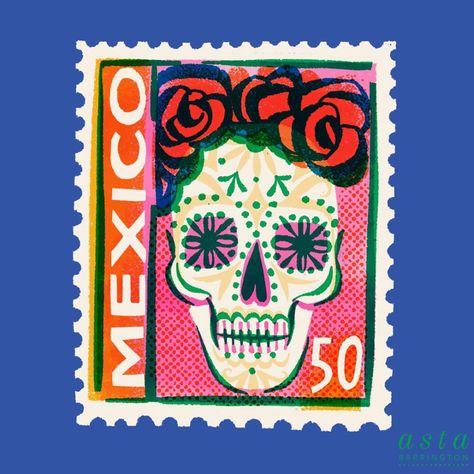 Asta Barrington on Instagram: “I’m travelling the world in my imagination right now by designing imaginary stamps, so here’s a Day of the Dead inspired Mexico stamp…” Mexico Art, Postage Stamp Art, Artwork Pictures, Stamp Art, Mexican Art, Canvas Wall Decor, Stamp Design, Postage Stamp, Hanging Wall Decor