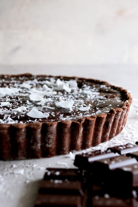 Salted Chocolate Coconut Tart, an irresistible easter dessert full of sticky caramel, sweet candied coconut, and chocolate ganache - The Original Dish, www.theoriginaldish.com Dark Chocolate Tart, The Original Dish, Valentines Recipes Desserts, Coconut Tart, Spring Baking, Best Chocolate Desserts, Strawberry Mousse, Low Carb Cheesecake, Oreo Crust