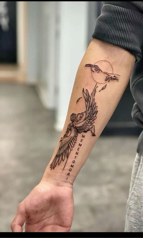 Simple Leg Tattoos, Icarus Tattoo, Meaningful Tattoos For Men, Memento Mori Tattoo, Tattoo Angel, Waist Tattoos, Timeless Tattoo, Small Shoulder Tattoos, Stylish Tattoo