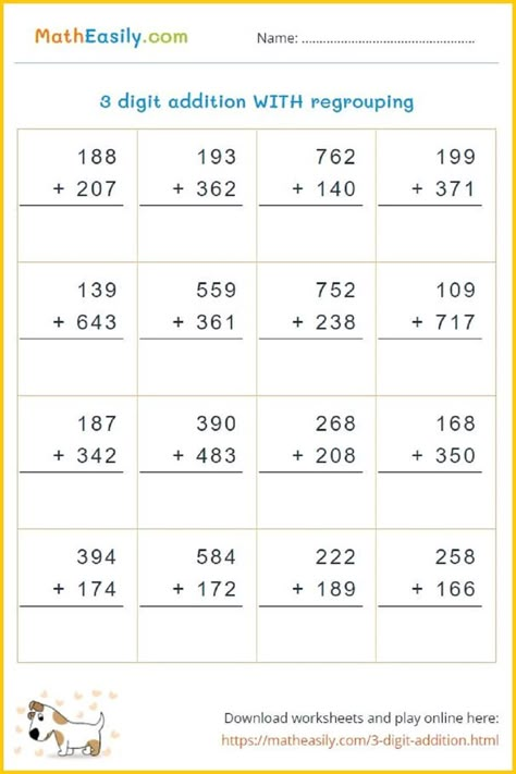 3 digit addition with regrouping worksheets PDF Addition Worksheets 3 Digits, Addition Worksheets Regrouping, 3 Digit Math Worksheets, Math Exercises 3rd Grade, 3digit Addition With Regrouping, 3 Class Maths Worksheet, 3 Digit Addition With Regrouping Games, Adding 3 Digit Numbers With Regrouping, Grade 3 Worksheets Math