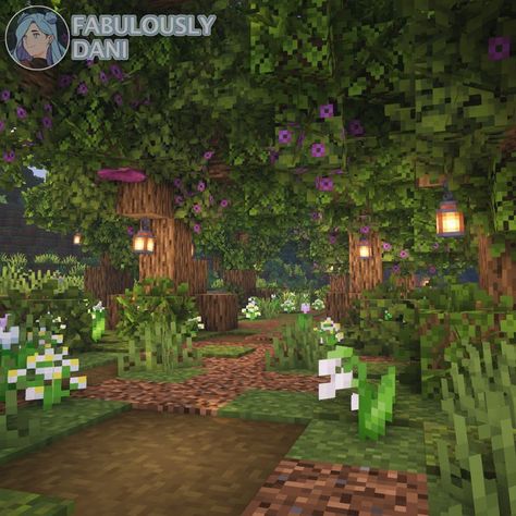 This forest trail is made of custom trees using the new azalea leaves and spore blossoms. Minecraft Mystical Forest Ideas, Fairy Underground Base Minecraft, Minecraft Azalea Tree, Minecraft Tree Orchard, Custom Azalea Tree Minecraft, Spore Blossom In Minecraft, Flowering Azalea Minecraft, Minecraft Underground Forest, Minecraft Forest Path Ideas