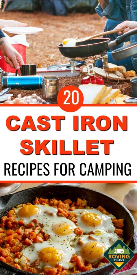 Try these awesome cast iron skillet camping recipes on your next camping trip.  We have included some awesome breakfast, lunch, dinner and dessert meals that are easily cooked in a cast iron skillet over a campfire or grill, thus making the chore of cooking much more fun!  #castiron #castironrecipes #campingmeals #campingfood Southern Cast Iron Recipes, Cast Iron Over The Fire Recipes, Casket Iron Skillet Recipes, Iron Skillet Camping Meals, Cast Iron Skillet Recipes On The Grill, Camp Fire Meals Cast Iron, Cast Iron Dinners, Cast Iron Over Fire Recipes, Campfire Cast Iron Skillet Recipes