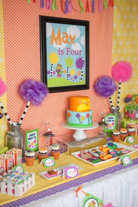 Dr Seuss 3rd Birthday Party Ideas, Lorax Birthday Party Ideas, Lorax Party Decorations, Lorax Baby Shower Ideas, The Lorax Party, Lorax Party Ideas, Lorax Birthday Party Decorations, Lorax Themed Birthday Party, The Lorax Birthday Party Ideas