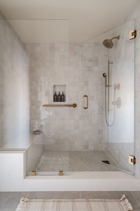 Bathroom Interior Classic, Bathroom With Zellige Tiles, Lifestyledco Bathrooms, Bathroom Tile For Shower Walls, Zellige Tile Bathroom Wall, Bathroom Renovations Master, Zellige Bathroom Tiles, Primary Bath Shower Ideas, Opal Tile Bathroom