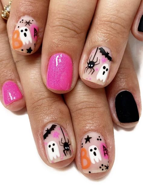 24pcs Short Square Halloween Pink Ghost Design Press on Nails Wearable False Nail For WomenI discovered amazing products on SHEIN.com, come check them out! Nail Art Halloween, Nails Short Square, Black Ghost, Halloween Press On Nails, Nagellack Trends, Press On Nails Short, Nail Art Glitter, Manicure Tips, Nails For Women