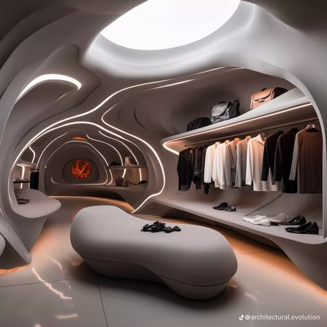 Futuristic Closet, Store Interior Design Ideas, Fluid Architecture, Lotus House, Futuristic Interior Design, Futuristic House, Living Architecture, Cloth Shop, Space Ship Concept Art