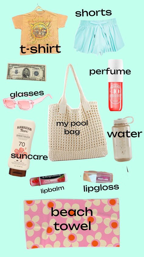 my pool bag that I bring What To Pack In Your Pool Bag, Things To Bring To The Pool, What To Bring To The Pool, Pool Packing List, Swimming Essentials, Pool Bag Essentials, Pool Day Essentials, Organizing Aesthetic, Bag Necessities