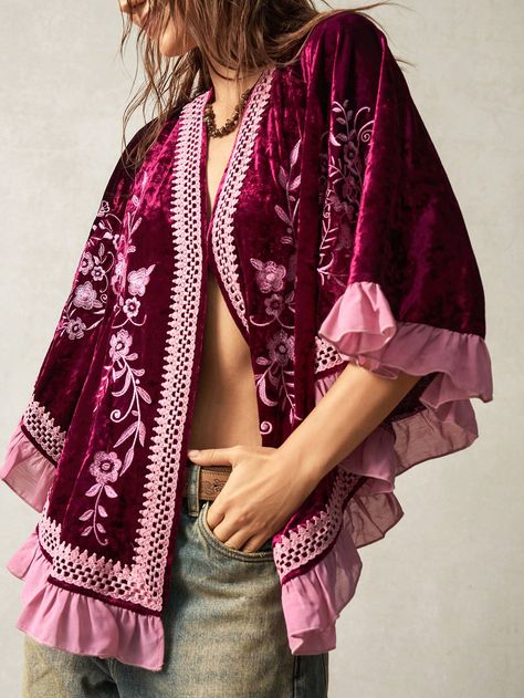 Solid Color Knitted Fringe Trim Cape Shawl For Vacation Burgundy Boho  Long Sleeve Velvet Geometric,Plain Other Medium Stretch  Women Clothing, size features are:Bust: ,Length: ,Sleeve Length: Clothes With Fringe, Camo Cardigan, Cape Shawl, Equestrian Chic, Velvet Cape, Fringe Trim, Inspiration Mode, Kimonos, Long Sleeve Knit