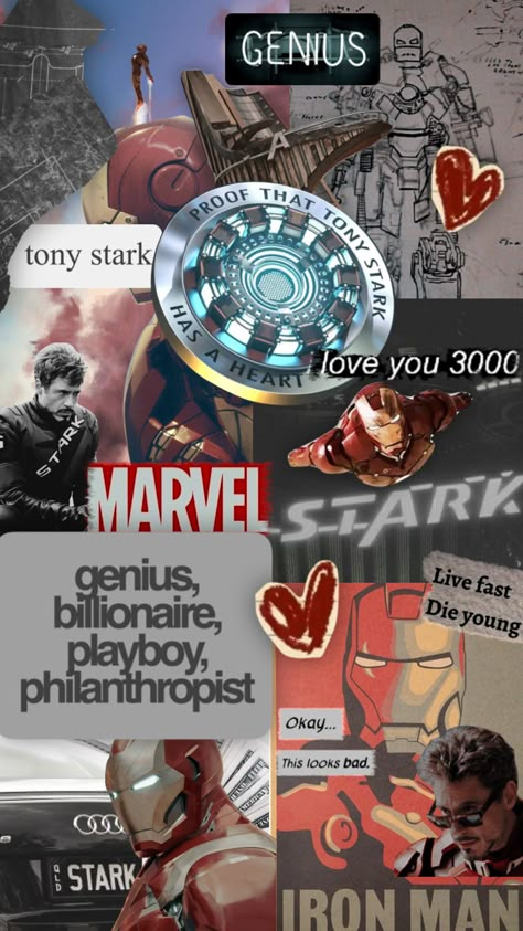 Marvel Phone Wallpaper Aesthetic, Ironman Aesthetic Wallpaper, Iron Man Astethic, Iron Man Collage Wallpaper, Superhero Aesthetic Wallpaper, Marvel Collage Aesthetic, Aesthetic Marvel Wallpaper Iphone, Marvel Aesthetic Poster, Marvel Collage Wallpaper