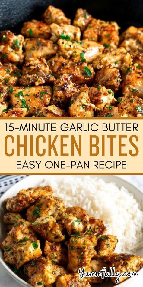 These bite-size succulent chicken breast morsels are seasoned, seared to perfection, and bathed in the most fragrant garlic butter. This effortless one-pan meal is perfect for those busy nights and good enough for entertaining. You can serve them as an entree or appetizer. Pan Chicken Breast, Garlic Butter Chicken Bites, Butter Chicken Bites, Chicken Bites Recipes, Pan Seared Chicken Breast, Seared Chicken Breast, Easy Chicken Breast, Chicken Breast Recipes Easy, Healthy Chicken Breast