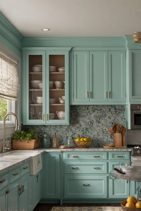 kitchen cabinet finishes, kitchen cabinet design, cabinet painting, cabinet refinishing Light Teal Cabinets, Light Aqua Kitchen Cabinets, Aqua Kitchen Cabinets, Teal Lower Kitchen Cabinets, Teal Colour Kitchen Cabinets, Tealkitchen Cabinets, Teal Kitchen Cabinets, Teal Cabinets, Light Oak Floors