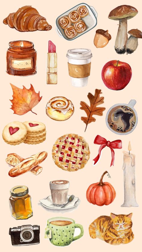 Cherry Drawing, Meat Art, Fall Stickers, Sticker Printable, Graphic Shapes Design, Autumn Illustration, Autumn Stickers, Fall Wallpaper, Aesthetic Stickers