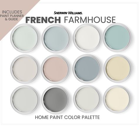 Enchanting French Farmhouse Paint Color Palette from Sherwin Williams features the traditional colors you see in french country cottages. This is a *digital download* pdf that contains 90 pages total of information to assist you with quick and easy color selections for your home. The 25 page Color Palette Guide - includes expert advice for paint placement on the main walls, accent walls, trim, cabinets, and ceilings of your home. Explains the undertones and LRV (light reflective value) of each c French Country Paint Colors, Modern Farmhouse Color Palette, Country Paint Colors, Modern Farmhouse Paint Colors, Farmhouse Color Palette, Coastal Neutral, Farmhouse Color, Repose Gray Sherwin Williams, Behr Paint Colors