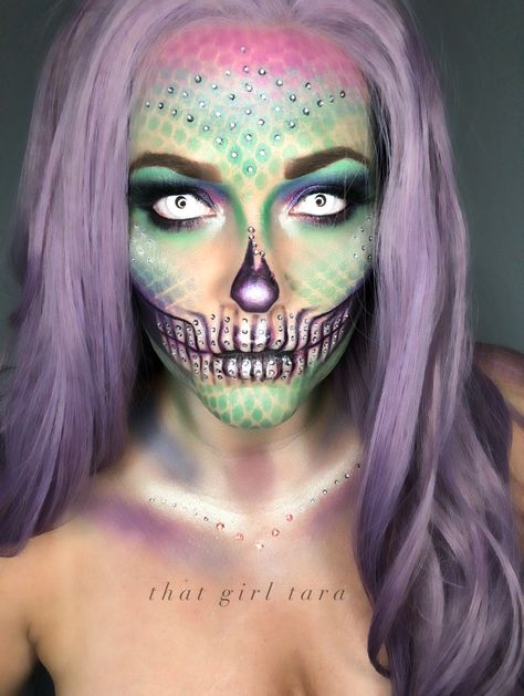 Mermaid Skull Makeup by That Girl Tara Skeleton Mermaid Costume, Diy Mermaid Skeleton, Mermaid Skeleton Makeup, Skeleton Mermaid Makeup, Mermaid Skull Makeup, Zombie Mermaid Makeup, Dead Mermaid Makeup, Dead Mermaid Costume, Zombie Mermaid Costume