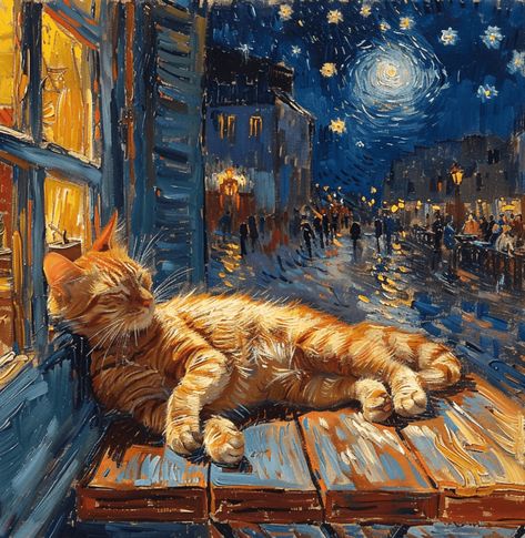 Art Piece Inspired by Van Gogh  In this whimsical painting inspired by Van Gogh, an orange cat lounges atop a table on the Café Terrace, with "The Starry Night" as the backdrop. The scene merges the charm of a cozy café setting with the enchantment of the starry sky, capturing Van Gogh's love for both domestic scenes and celestial beauty. The cat adds a touch of warmth and playfulness, inviting viewers to immerse themselves in this eclectic fusion of art and imagination.   Join the community! Illustration Kunst, Cat Lounge, Arte Van Gogh, Whimsical Paintings, Van Gogh Paintings, Art Embroidery, Hur Man Målar, Cats Illustration, Diy Diamond Painting