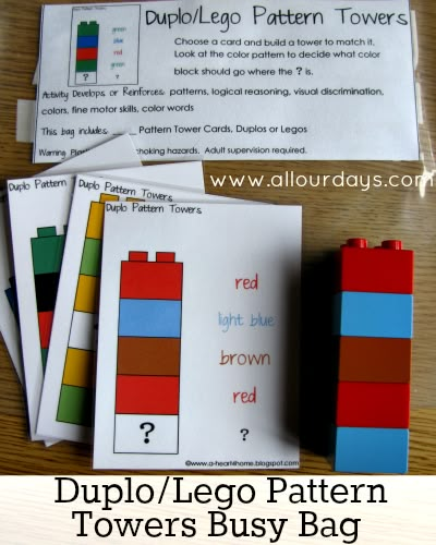 Duplo Lego Pattern Towers Busy Bag #freeprintable (Part of the 31 Days of Busy Bags & Quiet Time Activities @ AllOurDays.com) Mit University, School Acceptance, Pune Maharashtra, Math Patterns, Quiet Time Activities, School Application, Lego Activities, Quiet Activities, Tot School