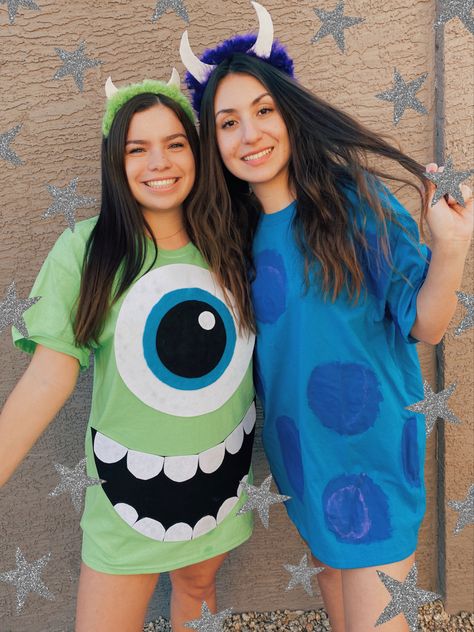 Cute Mike Wazowski Costume, Diy Mike And Sully Shirts, Monsters Inc Spirit Week, Mile And Sully Costumes, Diy Mike Wazowski Costume Shirts, Monster Ink Costumes Diy, Sully Shirt Diy, Sully Halloween Costume Diy, Homemade Sully Costume Diy