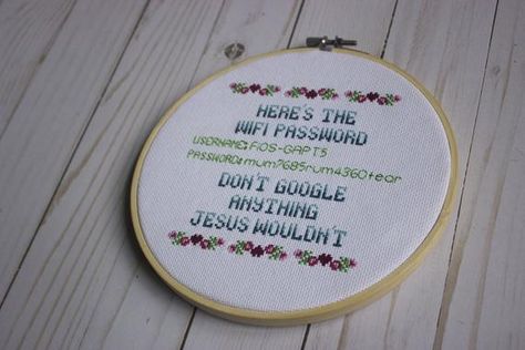 This is a great addition to your home for your welcome guests! Please include the desired username and password exactly as you want it in the notes to seller section. This purchase will include (digital, not physical): -1 full sized PDF pattern with symbols and colors -1 full sized PDF pattern Stitch Crafts, Embroidery Decor, Christian Cross Stitch, Cross Stitch Quotes, Stitching Patterns, Xstitch Patterns, Subversive Cross Stitch, Wifi Password, Craft Desk