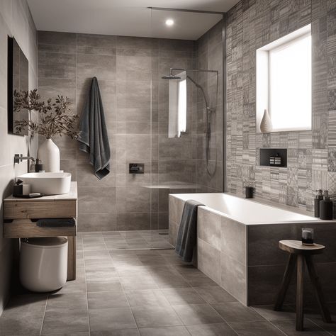 Wall tiled bathroom with grey towels Fully Tiled Bathroom Walls, White Beadboard Bathroom, Tiled Bathroom Walls, Grey Tile Bathroom, Grey Towels, Fully Tiled Bathroom, Beadboard Bathroom, Tiled Bathroom, White Beadboard