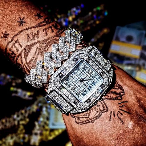 Luxury Icedout quartz watch set.#jewelry #icedout #custom Tennis Chain Men, Iced Out Watch, Hip Hop Bling, Mens Chain Bracelet, Rhinestone Watches, Watch Bracelet, Hand Chain, Hip Hop Jewelry, Cuban Link Chain