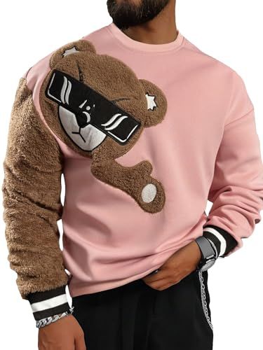 GORGLITTER Men's Bear Pattern Long Sleeve Sweatshirts Drop Shoulder Crewneck Pullover Tops Winter Warm Outfits, Men's British Style, Bear Embroidery, Men Sweatshirts, Gym Outfit Men, Cartoon Sweatshirts, Winter Outfits Men, Mens Plaid, Pink Long Sleeve