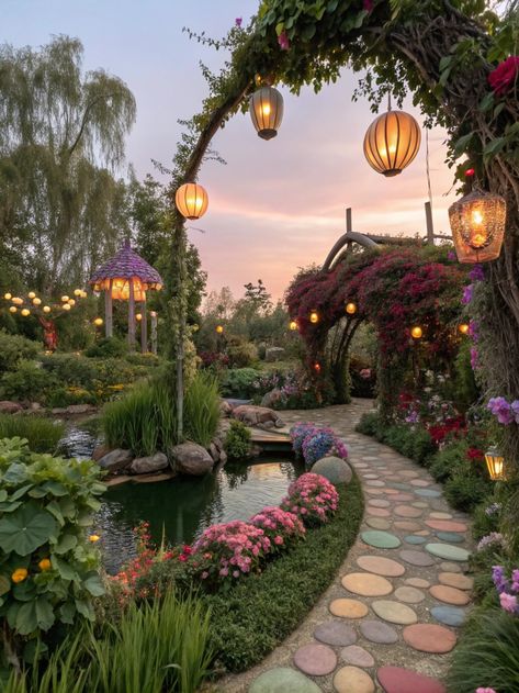 Transform your garden into a whimsical oasis! Imagine colorful flowers, glowing lanterns, and a serene pond. Your dream space awaits! 🌸✨ Share your magic! . #homeandgarden #betterhomesandgardens #homegardening #homesandgardens #homegarden #gardenhome #gardeningathome #flowers #plants #beautifulflowers Backyard With Lots Of Plants, Gardening Flowers Aesthetic, Secret Garden Vibes, Secret Garden Landscape, Beautiful Gardens Magical, Secret Garden Backyard, Backyard Flower Garden Ideas, Magical Garden Ideas, Flowers Glowing