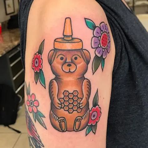 10+ Honey and Bear Tattoo Designs - PetPress Honey Bear Tattoo, Traditional Bear Tattoo, Honey Bear Bottle, Bear Tattoo Designs, Bottle Tattoo, Fairy Tattoo Designs, Anklet Tattoos, Bear Tattoo, Traditional Tattoo Art