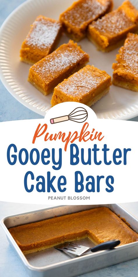 These delicious and easy pumpkin gooey butter cake bars are made with a yellow cake mix and can of pumpkin puree. A travel friendly dessert to bring to Thanksgiving potlucks or add to your dessert table for the holiday. Perfect for beginner bakers who don't want to mess around with pie crust. No Bake Pumpkin Pie Bars Karo, Paula Dean Gooey Pumpkin Bars, Pumpkin Bars With Yellow Cake Mix Easy, Yellow Cake Mix And Canned Pumpkin, Pumpkin Gooey Butter Bars, Butter Yellow Cake Mix Recipes, Pumpkin Pie Bars With Cake Mix Crust, Yellow Cake Mix And Pumpkin Puree, Pumpkin Dessert With Yellow Cake