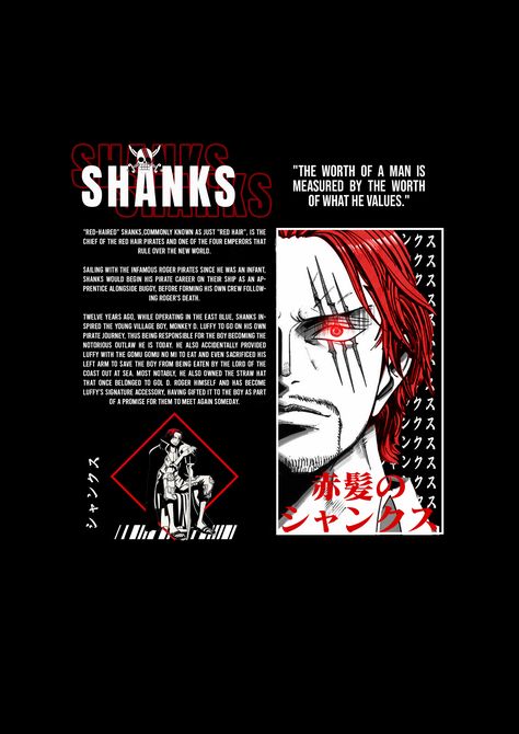 Shanks T Shirt Design, Shanks Aesthetic, Shanks Poster, Shanks Wallpapers, One Piece Magazine, Anime Scrapbook, Graphic Edits, Shanks One Piece, Anime Graphics