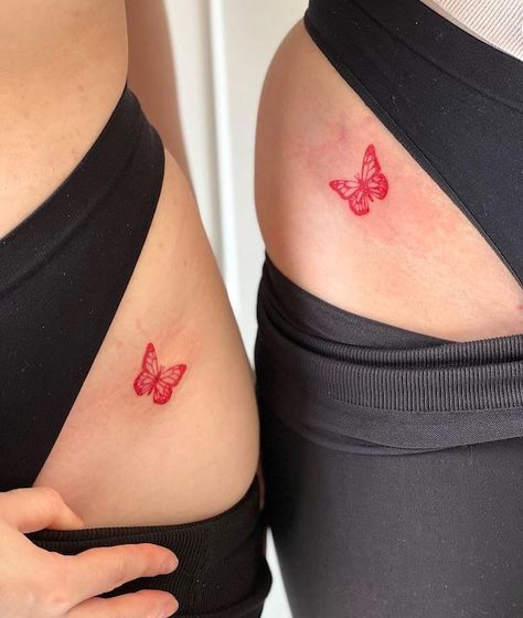 Matching Peach Tattoo, Red Matching Tattoos For Best Friends, Tight Tattoos For Women, Duo Tattoo Ideas, Tight Tattoos, Red Black Tattoo, Tattoo Duo, Hip Tattoos For Women, Tattoo On Hip