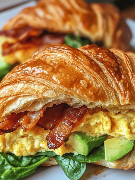 Start your day off right with the Breakfast Croissant Sandwich Extravaganza, a dish that takes breakfast to a whole new level! Picture this: flaky, buttery croissants stuffed with fluffy scrambled eggs, crispy bacon, creamy avocado, and fresh spinach. This sandwich is not just a meal; it’s a morning celebration that will have your taste buds dancing with joy. Whether you’re hosting brunch or simply treating yourself to a special breakfast at home, this recipe is sure to impress! Sausage Croissant Sandwich, Fluffy Eggs For Sandwich, Croissant Egg Sandwich, Crossiant Recipes Sandwiches, Croissants Recipe Stuffed, Croissant Recipe Stuffed, Egg Croissant Sandwich, Crossiant Sandwich, Croissant Sandwich Ideas